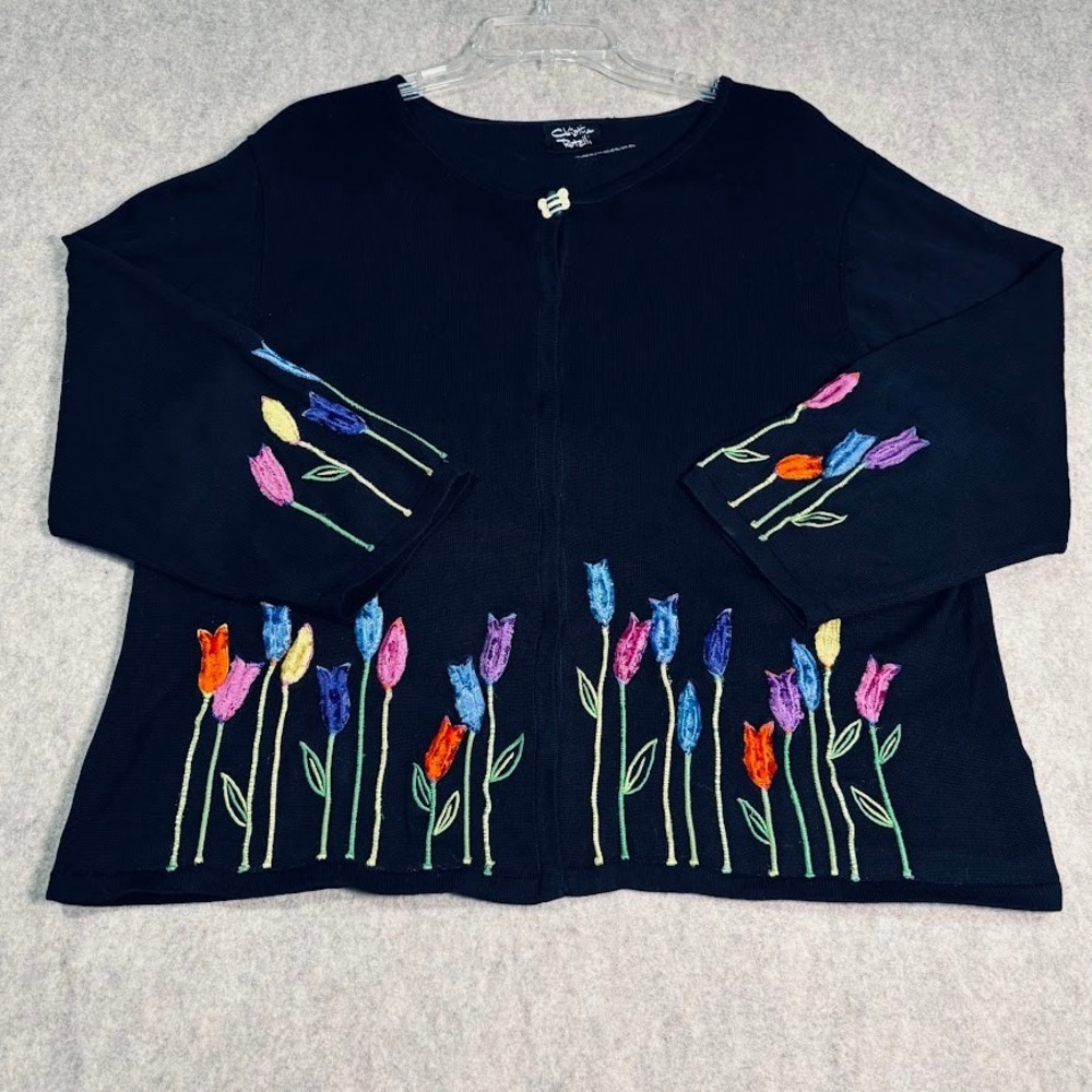 Christine Rotelli Cardigan Sweater Womens XL Black Cotton Knit Tulip Bee Vintage